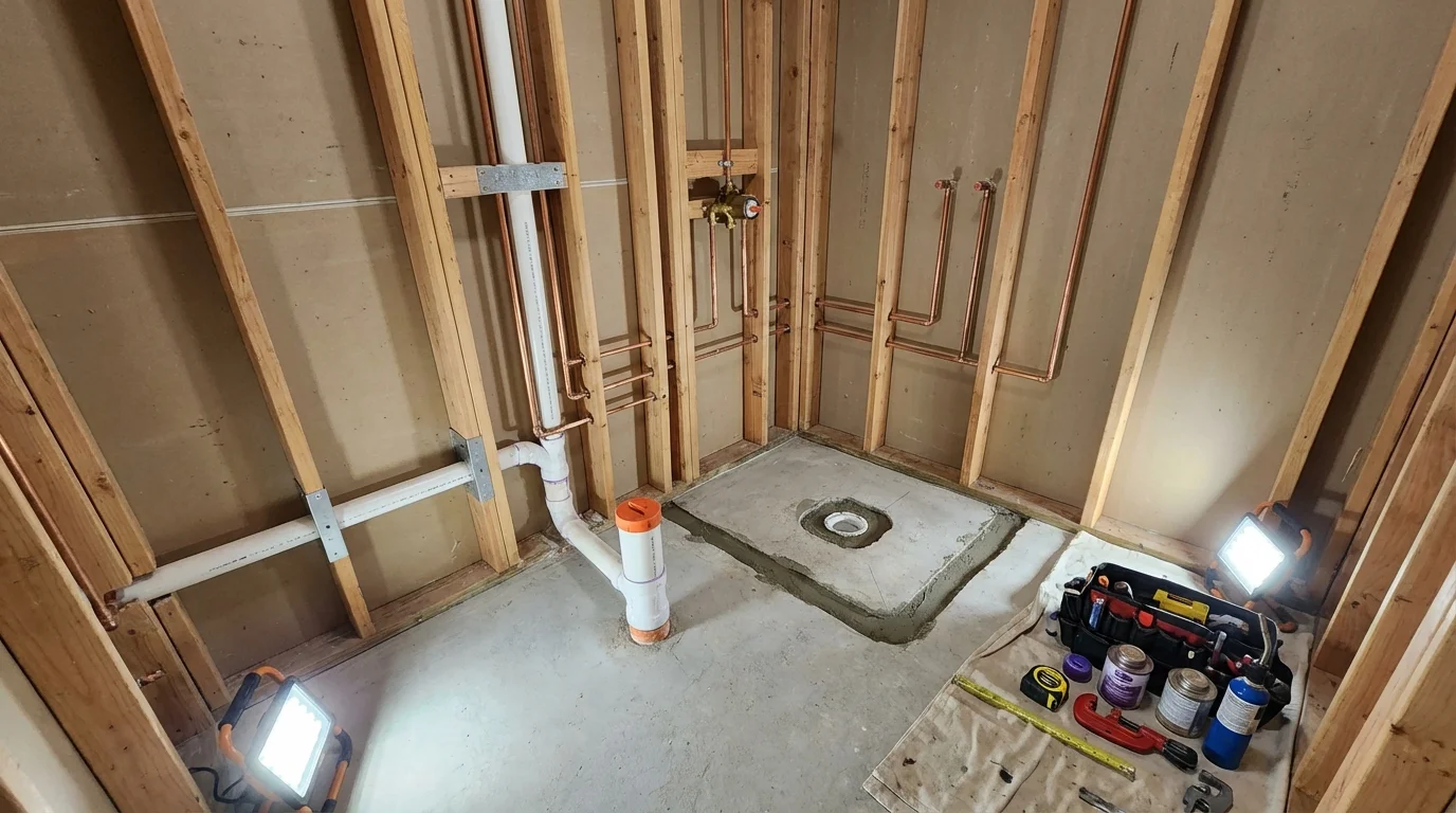 Bathroom rough-in plumbing during remodel by Johns Plumbing LLC in Hatfield