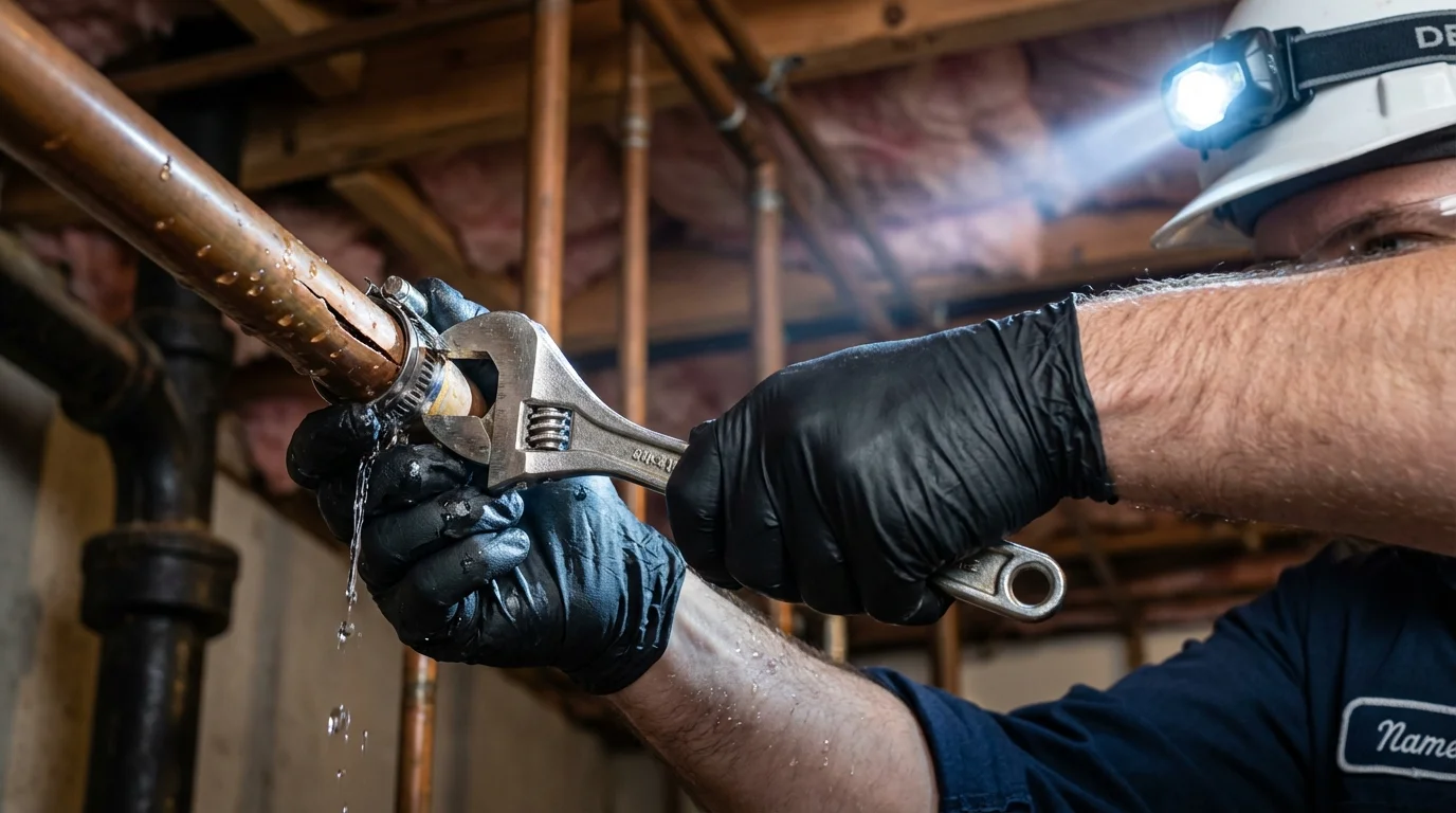 Emergency pipe clamp repair being performed by a Johns Plumbing LLC plumber in Hatfield
