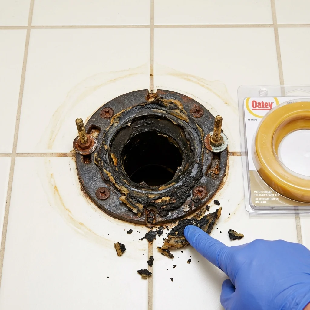 Failed wax ring showing water seepage at the base of a toilet in a Hatfield, MA home