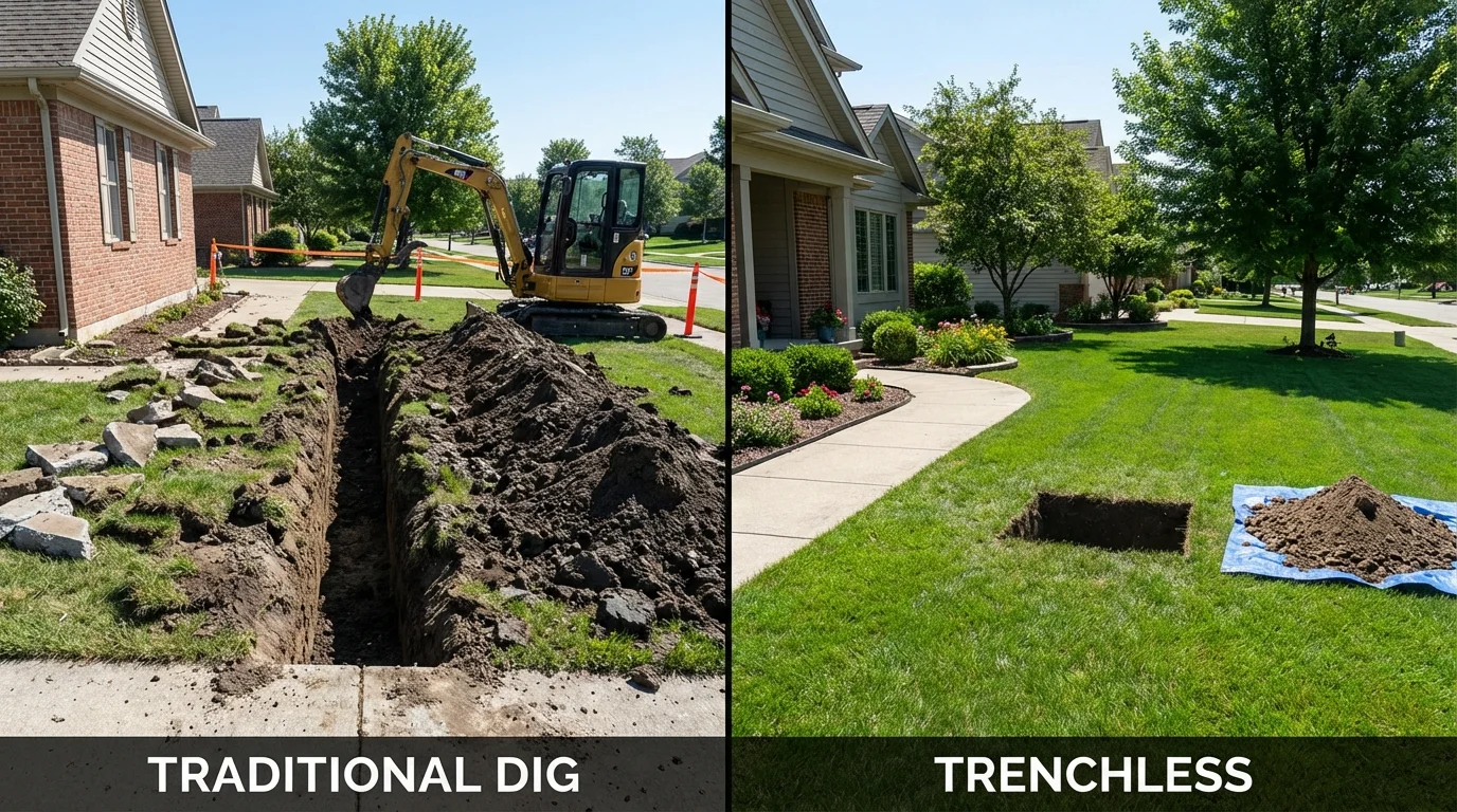 Trenchless sewer repair with minimal yard damage versus traditional excavation in Hatfield, MA